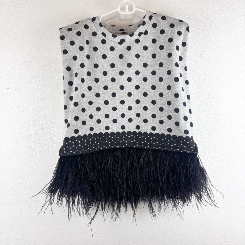 Le Superbe Seeing Double Ostrich Feather Muscle Polka Dot Top Large Gray Black - Picture 2 of 7
